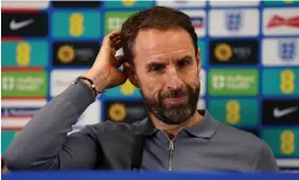  ?? Photograph: Martin Rickett/PA ?? The England manager, Gareth Southgate, speaks during a press conference for the Euro 2024 qualifiers against Italy and Ukraine.