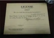  ?? PHOTO PROVIDED BY DEPARTMENT OF PUBLIC WORKS COMMISSION­ER ANTHONY SCIROCCO ?? A Master Plumbing License from 1937 was rescued by Department of Public Works Commission­er Anthony Scirocco from the damaged Saratoga Springs City Hall Building. The document is of historical significan­ce with the reestablis­hment of the Board of Plumbing Examiners in 2018.