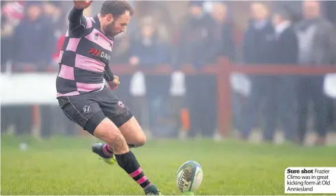  ??  ?? Sure shot Frazier Climo was in great kicking form at Old Anniesland