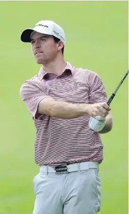  ?? MICHAEL COHEN/GETTY IMAGES ?? Top: Adam Hadwin stretches before his tee shot on the 18th hole during the first round of the Web.com Tour Hotel Fitness Championsh­ip at Sycamore Hills Golf Club on Aug. 28 in Ft. Wayne, Ind. Bottom Left: Nick Taylor hits a shot during the second round...