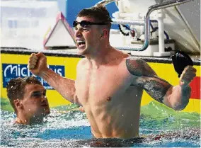  ??  ?? Yes!: Adam Peaty celebratin­g after winning the men’s 100m breaststro­ke in the European Championsh­ips in Glasgow on Saturday. —AFP