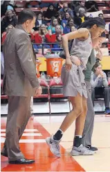  ?? JIM THOMPSON/JOURNAL FILE ?? UNM’s Mykiel Burleson, center, is helped off the court during the Lobos’ home game against Air Force on Feb. 8 after tearing an ACL. Burleson expects to be ready for the season opener.