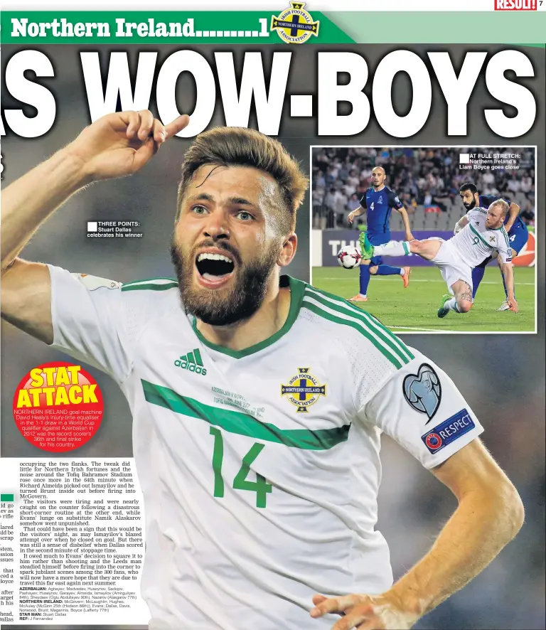  ??  ?? THREE POINTS: Stuart Dallas celebrates his winner AT FULL STRETCH: Northern Ireland’s Liam Boyce goes close