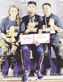  ?? PHOTOGRAPH COURTESY OF NCAA ?? THE partnershi­p between Elma Muros-Posadas (left) and her husband, Jojo (right), had given Frederick Ramirez a chance to emerge as MVP in the track and field competitio­n of NCAA Season 99.