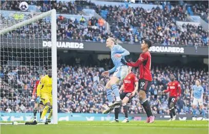  ?? Picture: Getty Images ?? AGONISING. Manchester City’s Erling Haaland misses a chance from close range during their English Premier League win over Manchester United at the Etihad on Sunday.
