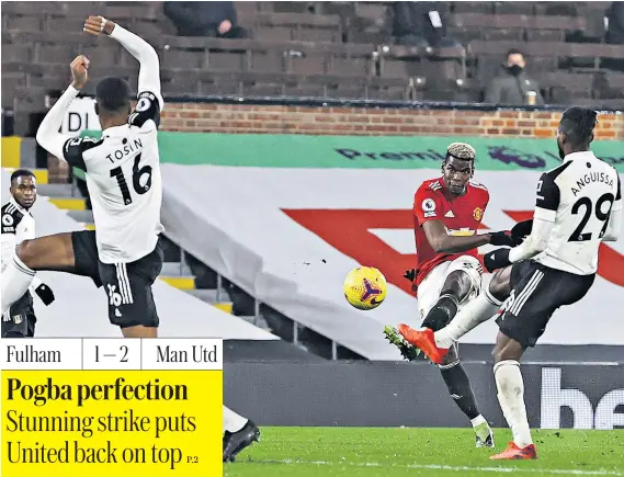 ??  ?? Star turn: Paul Pogba scored a brilliant winning goal with his “weaker” left foot from outside the area to take Manchester United back to top spot in the Premier League last night