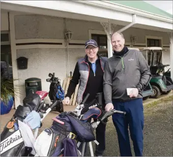  ??  ?? Hugo Keane and Morris Keogh at the Rathsallag­h Golf Club captain’s drive-in last weekend.