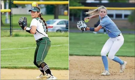  ?? JOHN BLAINE — FOR THE TRENTONIAN ?? Steinert’s Carli Backlund, left, and Notre Dame’s Hailee Jantorno, right, will both receive a scholarshi­p from the Trenton Softball Hall of Fame at its annual dinner.