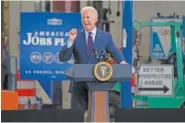  ?? AP PHOTO/EVAN VUCCI ?? President Joe Biden speaks about infrastruc­ture spending at the La Crosse Municipal Transit Authority on June 29 in La Crosse, Wis.