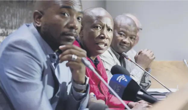  ??  ?? 0 Opposition leaders, from left, Mmusi Maimane, Julius Malema, Bantu Holomisa and Corne Mulder call for early elections as the ANC debates Jacob Zuma’s future