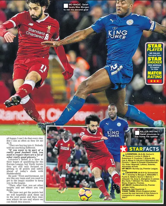  ??  ?? MO MAGIC: Salah beats Wes Morgan to net his second goal KILLER INSTINCT: Salah pounces to fire home his opener