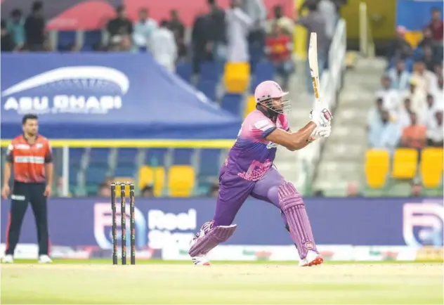  ?? ?? ↑
Kieron Pollard plays a shot against Delhi Bulls during their Abu Dhabi T10 match.