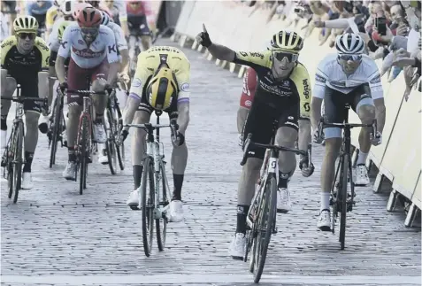  ??  ?? 0 Team Mitchelton-scott’s Matteo Trentin, second right, wins stage two of last year’s OVO Energy Tour of Britain in Kelso.