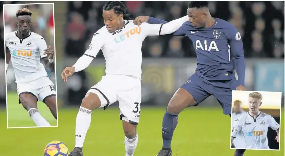  ??  ?? > Renato Sanches (main image) and Tammy Abraham (inset right) are both facing a race to be fit for the Swans’ clash with Newcastle, but young Connor Roberts (right) is dreaming of making his Swans Premier League bow