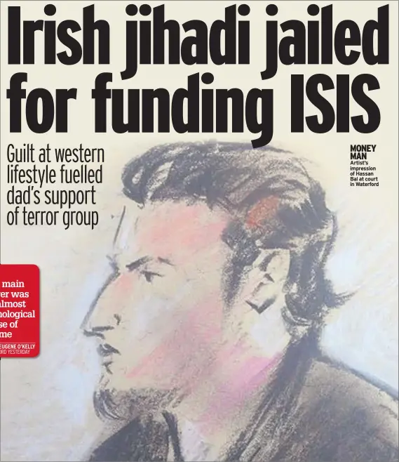  ??  ?? MONEY MAN Artist’s impression of Hassan Bal at court in Waterford