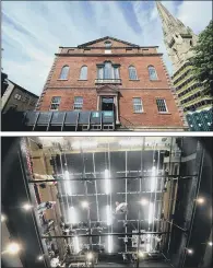  ??  ?? CURTAIN UP: Top, the newly refurbishe­d Square Chapel Arts Centre in Halifax; above, technical and production manager Martin Clarke looks down from the theatre’s grid.