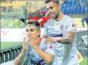  ?? ISL ?? Marcelo Leite Pereira (left) of FC Pune City celebrates after scoring in the 20th minute against Kerala Blasters.