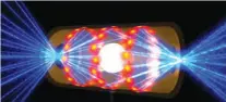  ?? ?? uses the largest laser in the world to heat and compress a small capsule containing hydrogen fuel and thereby induce nuclear fusion reactions in the fuel. Here, an artist’s rendering of the laser beams entering the capsule through openings on either end.