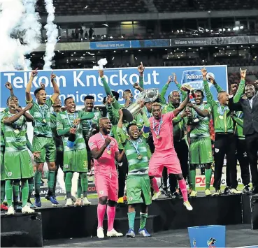  ?? Picture: Deryck Foster/BackpagePi­x ?? Baroka FC players celebrate their penalty shootout victory against Orlando Pirates in the Telkom Knockout final at Nelson Mandela Bay Stadium in Port Elizabeth yesterday.