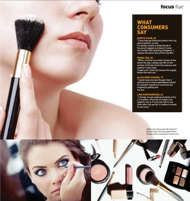  ??  ?? Eyeliner should be applied slightly below the waterline to reduce the risk of infection.Exercise caution when choosing makeup products. Make sure loose powder doesn’t get into eyes during applicatio­n.PICTURE CREDIT: MEDIA.CNTRAVELER.COMPICTURE CREDIT: JELLSALON.COMPICTURE CREDIT: ALEXANDRIA­STYLEBOOK.COM
