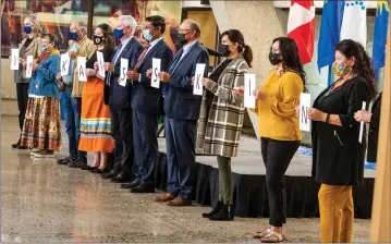  ?? Herald photo by Ian Martens ?? Officials and dignitarie­s spell out Iikaisskin­i, the name of an Indigenous students gathering place, one of four new southern Alberta post-secondary infrastruc­ture and cultural projects included in a funding announceme­nt Thursday at the University of Lethbridge. @IMartensHe­rald