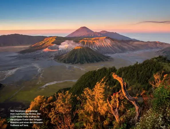  ??  ?? Von Surabaya aus gelangt man zum Gunung Bromo. Der 2.329 Meter hohe Vulkan ist der jüngste Krater des Tenggermas­sivs und einer der aktivsten Vulkane auf Java.