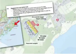  ?? FOTO: KART: 1881/MONTASJE: AGDERPOSTE­N ?? INGEN BUFFERSONE: I dag slår bestemmels­er i Kommunepla­nens arealdel hvilke buffersone­r som skal gjelde mellom nye boliger og landbruk (innfelt). Trass i klare anbefaling­er, ble buffersone mot landbrukse­iendommen (1) sløyfet da Bjellandst­rand gård (2) fikk godkjent regulering­splan for Hegreveien boligfelt i 2003. Rådmannens planavdeli­ng frarådet etablering av hele boligfelte­t. Her har vi markert (ca) hvordan ulike bufferstør­relser kunne blitt.