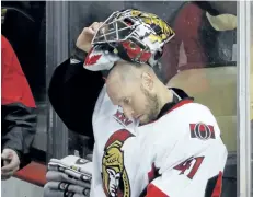  ?? GENE J. PUSKAR/AP ?? Ottawa goalie Craig Anderson sits on the bench after being pulled during the first period of a 7-0 Game 5 loss to the Pittsburgh Penguins on Sunday.