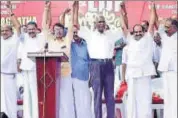  ?? HT PHOTO ?? CPI national secretary D Raja (third from right) flagged of the north leg of the Jan Jagratha rally from Kasargode on Saturday.