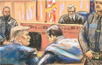  ?? (Jane Rosenberg/pool photo via AP) ?? In this courtroom sketch, former U.S. President Donald Trump, left, sits with his attorney Todd Blanche, before Justice Juan M. Merchan, at the beginning of his trial at a Manhattan criminal court in New York.