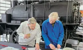  ??  ?? Dr Michael Bailey ( left) and PeterDavid­son withHetton­Colliery’s Lyon inside Locomotion. NRM