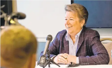  ?? SPECIAL TO THE MORNING CALL SHARON K. MERKEL/ ?? Penn State director of athletics Sandy Barbour answers questions at a news conference at the Holiday Inn Allentown.