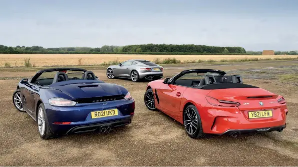  ?? ?? Above Give the 718 Boxster a punchier engine and the Porsche becomes the clear winner, but in two-litre, four-cylinder guise, the decision isn’t as simple