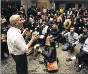  ?? ST. CLOUD TIMES ?? U.S. Rep. Tom Emmer answers a question near the end of a town hall meeting in Sartell, Minn., Wednesday. Emmer’s town hall went on as planned after the congressma­n said he would shut down the event if unruly attendees disrupted the conversati­on.