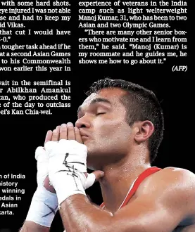  ??  ?? Vikas Krishan of India has created history for his nation winning three gold medals in boxing at the Asian Games in Jakarta. — Reuters