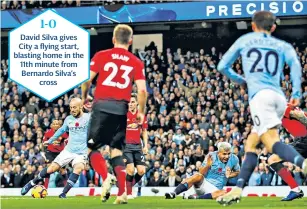  ??  ?? David Silva gives City a flying start, blasting home in the 11th minute from Bernardo Silva’s cross