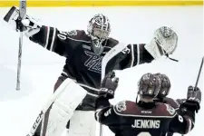  ?? CLIFFORD SKARSTEDT/POSTMEDIA NETWORK ?? Peterborou­gh Petes goaltender Dylan Wells, a St. Catharines native, celebrates his shutout last Thursday as the Petes blanked the Hamilton Bulldogs 4-0 to win the Ontario Hockey League's Eastern Conference.