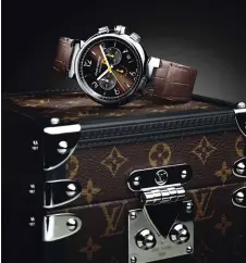  ?? ?? Clockwise from left Caseback of the Tambour Twenty highlighti­ng the Limited Edition marking; Bradley Cooper; the Tambour Twenty and its Monogram canvas trunk