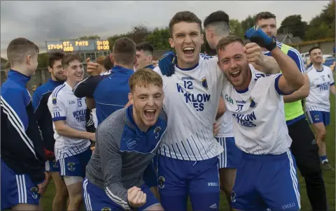  ?? Photo: Joe Byrne ?? Celebratio­ns begin after St. Patrick’s defeated AGB in the 2019 county football final in Aughrim.