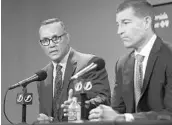  ?? DIRK SHADD/ASSOCIATED PRESS ?? Lightning GM Steve Yzerman, left, has stepped down from his job and assistant Julien BriseBois, right, will take over.