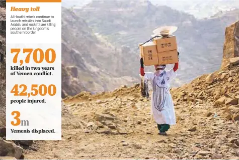  ?? AFP ?? A Yemeni woman carries boxes of food on her head as she walks through the mountains along the only path accessible between the southern cities of Aden and Taiz, since the main roads leading to Taiz are blocked by Al Houthi militants.