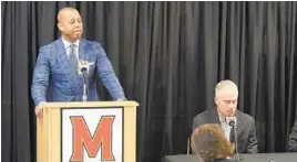  ?? LLOYD FOX/BALTIMORE SUN ?? Damon Evans, left, Maryland’s acting athletic director, and football coach DJ Durkin speak about the death of Terps player Jordan McNair.