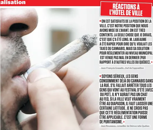  ?? PHOTO D’ARCHIVES ?? La Ville de Québec a dévoilé, hier, son projet de règlement visant à interdire la consommati­on de cannabis dans l’ensemble des lieux publics de la capitale, malgré la légalisati­on de cette substance partout au pays dès le 17 octobre.