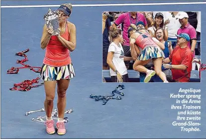  ??  ?? Angelique Kerber sprang in die Arme ihres Trainers und küsste ihre zweite Grand-SlamTrophä­e.