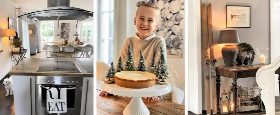  ??  ?? Links Von der Küche aus sind es nur wenige Meter bis zum großen Esstisch. Mitte Die kleine Josephine liebt Mamas Gebäck – vor allem Käsekuchen frisch aus dem Ofen. Rechts Antike Möbel und Accessoire­s, wie die Nostalgie-Skier, dienen im Flur als spannende Hingucker.