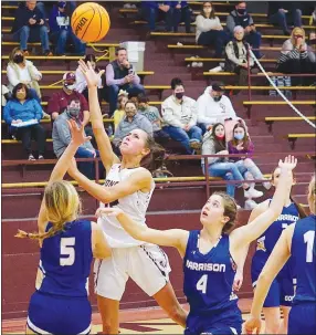  ?? Westside Eagle Observer/RANDY MOLL ?? Gentry’s Jaiden Wilmoth shoots from under the basket in Gentry on Jan. 5 during play against the visiting Lady Goblins from Harrison. Wilmoth led her teammates in scoring with 18 points.