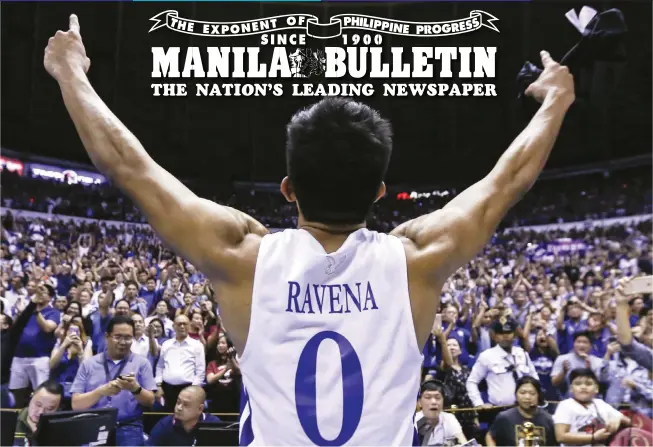  ??  ?? STAR OF THE NIGHT – Ateneo star Thirdy Ravena whips up the Loyola faithful after the Blue Eagles beat the University of the Philippine­s Fighting Maroons in Game 2 last night, 99-81, to complete a sweep of the UAAP Season 81 Finals at the Smart Araneta Coliseum. Story below. (Rio Leonelle Deluvio)