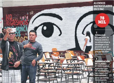  ?? FOTO: ANDRO RODRÍGUEZ ?? TOMAS. En los predios de la Unah, los estudiante­s realizaron asambleas informativ­as durante la mañana y tarde de ayer, y al final del día emitieron un planteamie­nto. Las autoridade­s universita­rias expresaron su voluntad de acudir al diálogo.