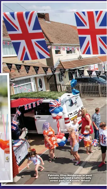  ??  ?? Patriotic Eliza Henderson in west London, left, and a safe-but-jolly street party in Knowle, Bristol