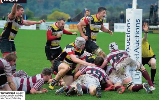  ??  ?? Turnaround County players celebrate Mike MacDonald’s late try